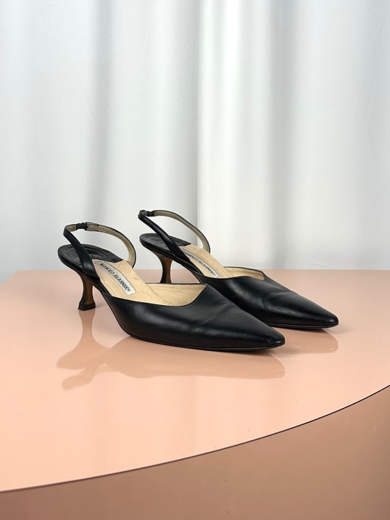 Manolo Blahnik Shoes - Vintage Manolo Blahnik Black Leather Pointed Toe Slingback Heels EU 39
